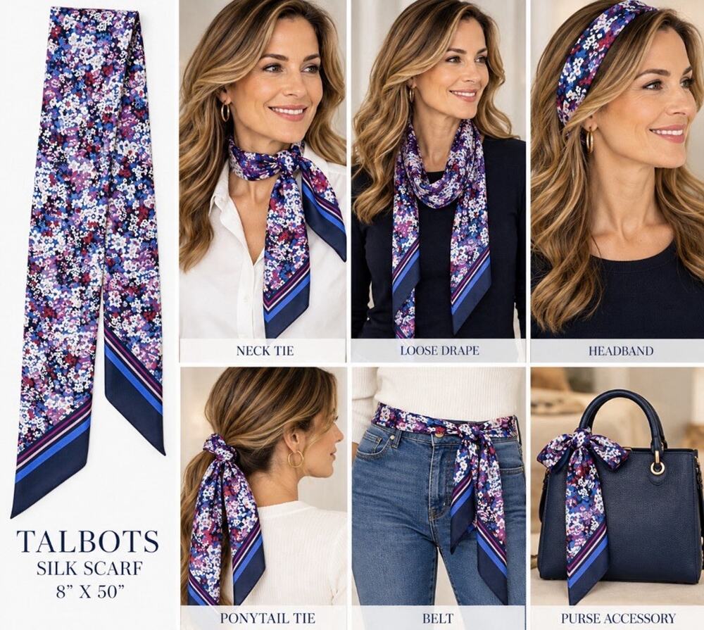 Talbots 100% Silk Ditsy Floral Rectangle Scarf 8”X 50” NEW